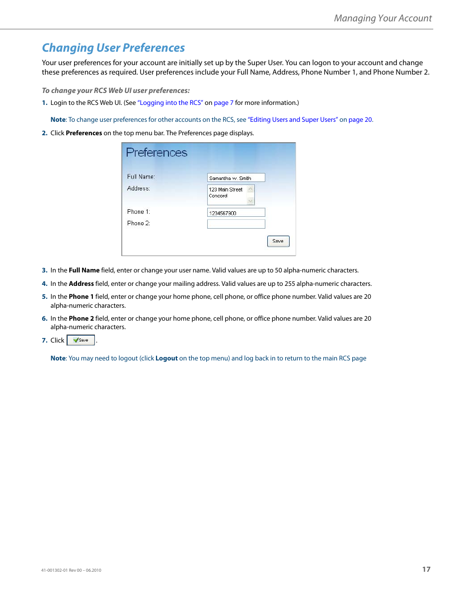 Changing user preferences, Managing your account | AASTRA Re-direction Services (RCS) User Guide EN User Manual | Page 21 / 61