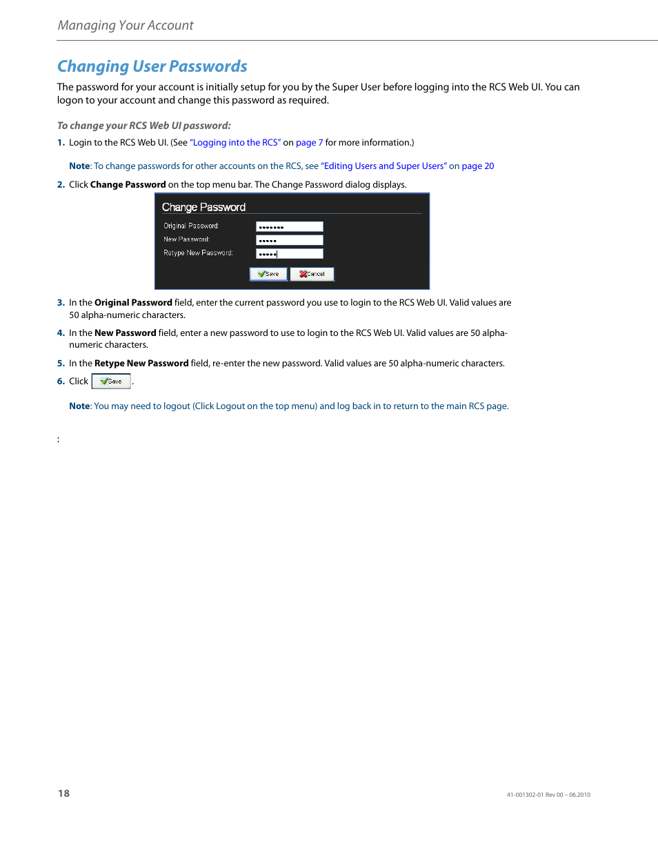 Changing user passwords, Managing your account | AASTRA Re-direction Services (RCS) User Guide EN User Manual | Page 22 / 61