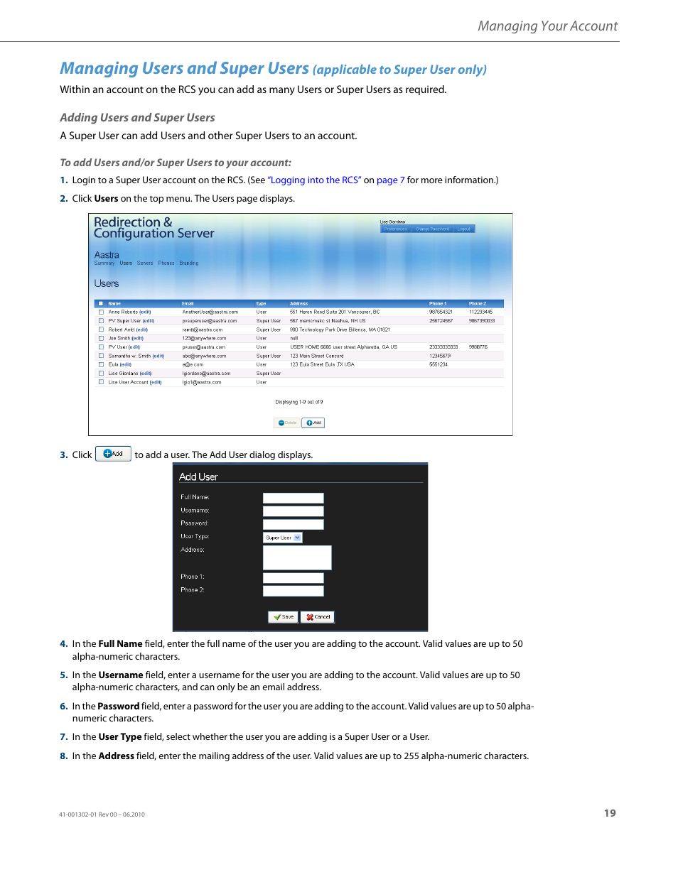 Adding users and super users, Managing users and super users, Managing your account | AASTRA Re-direction Services (RCS) User Guide EN User Manual | Page 23 / 61