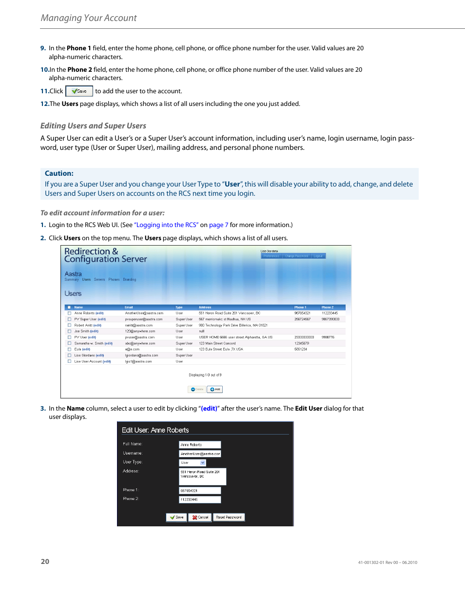 Editing users and super users, Managing your account | AASTRA Re-direction Services (RCS) User Guide EN User Manual | Page 24 / 61