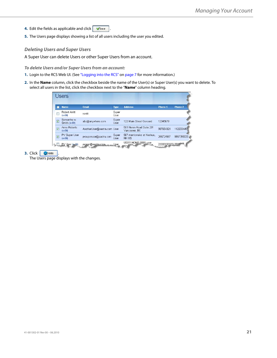 Deleting users and super users, Managing your account | AASTRA Re-direction Services (RCS) User Guide EN User Manual | Page 25 / 61