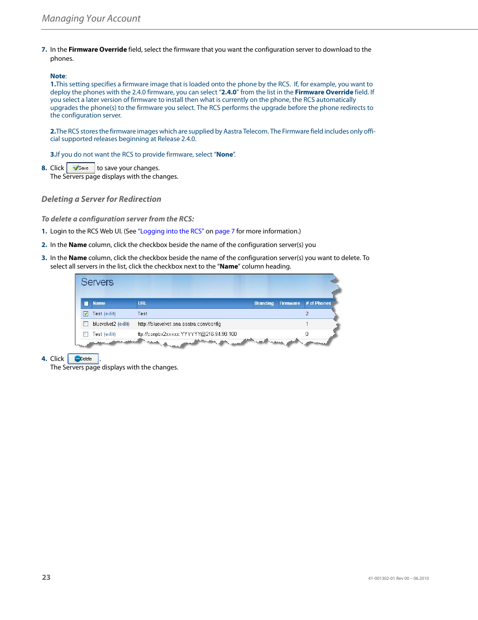 Deleting a server for redirection, Managing your account | AASTRA Re-direction Services (RCS) User Guide EN User Manual | Page 27 / 61