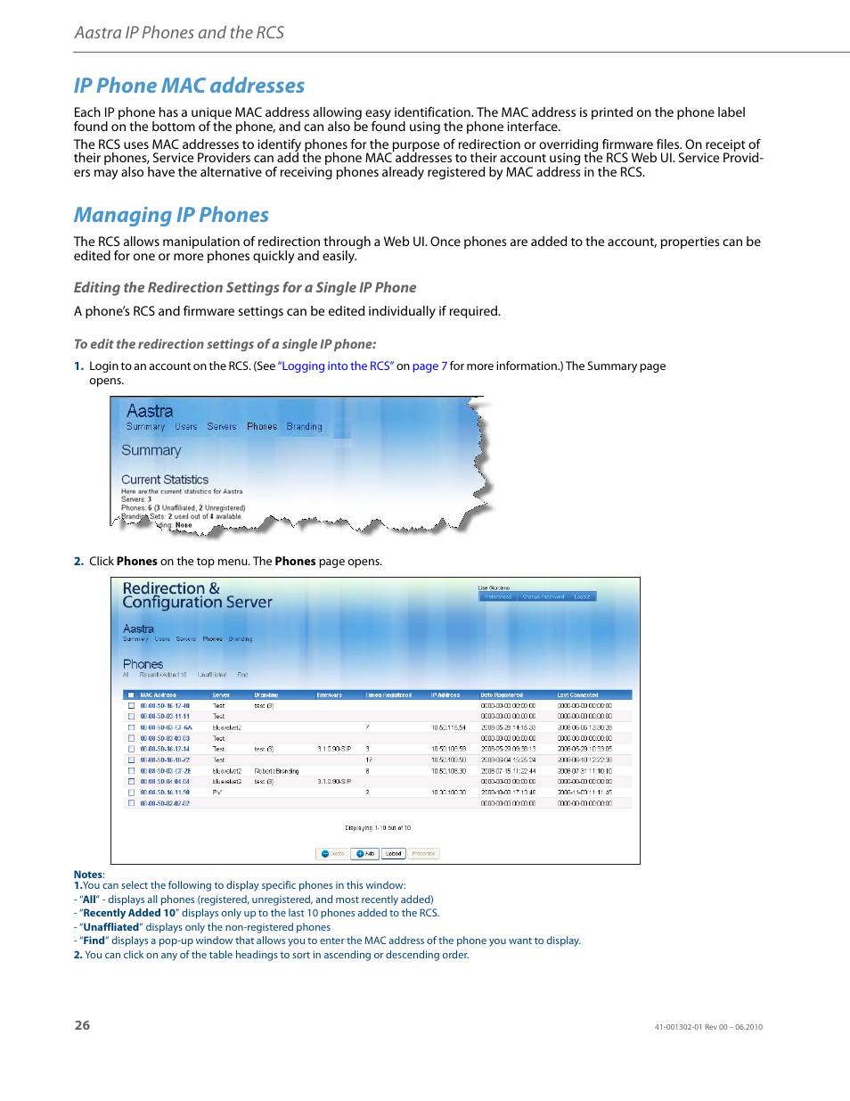 Ip phone mac addresses, Managing ip phones, Aastra ip phones and the rcs | AASTRA Re-direction Services (RCS) User Guide EN User Manual | Page 30 / 61
