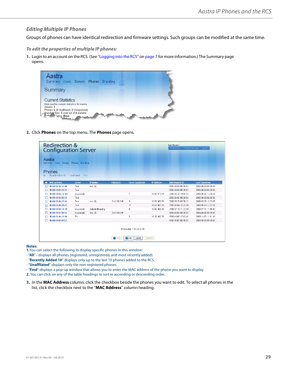 Editing multiple ip phones, Aastra ip phones and the rcs | AASTRA Re-direction Services (RCS) User Guide EN User Manual | Page 33 / 61