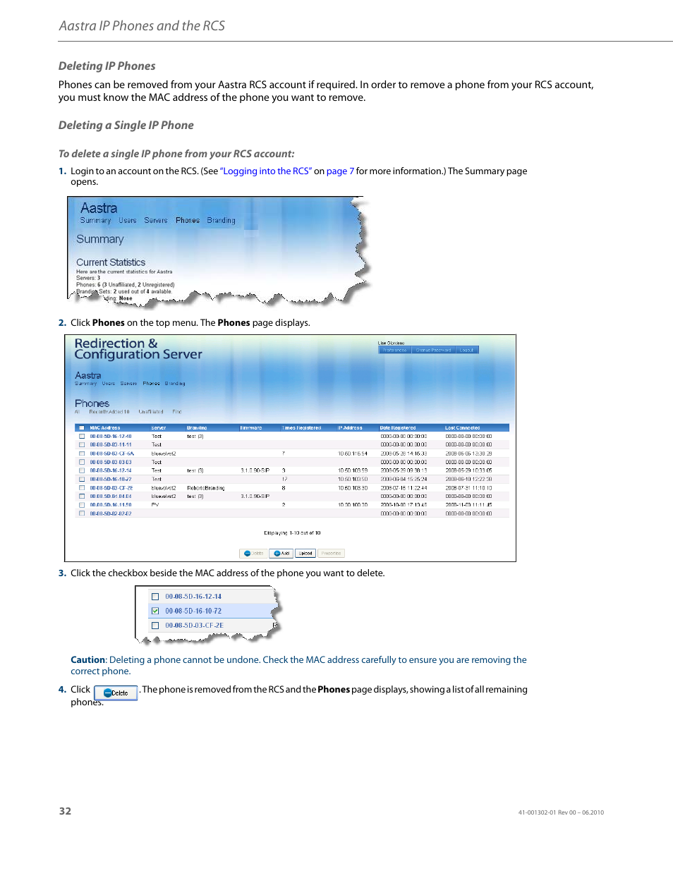 Deleting ip phones, Deleting a single ip phone, Aastra ip phones and the rcs | AASTRA Re-direction Services (RCS) User Guide EN User Manual | Page 36 / 61