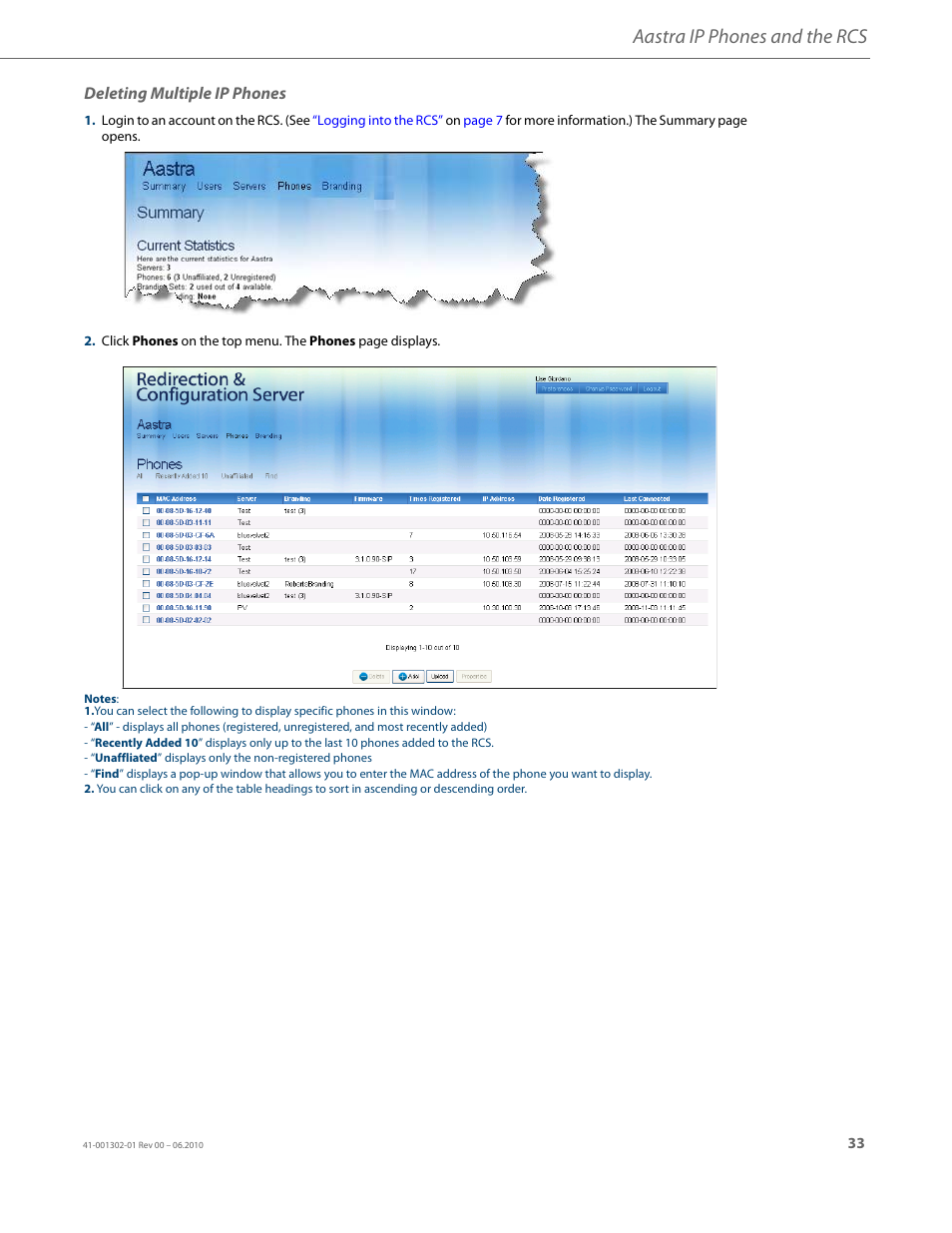 Deleting multiple ip phones, Aastra ip phones and the rcs | AASTRA Re-direction Services (RCS) User Guide EN User Manual | Page 37 / 61