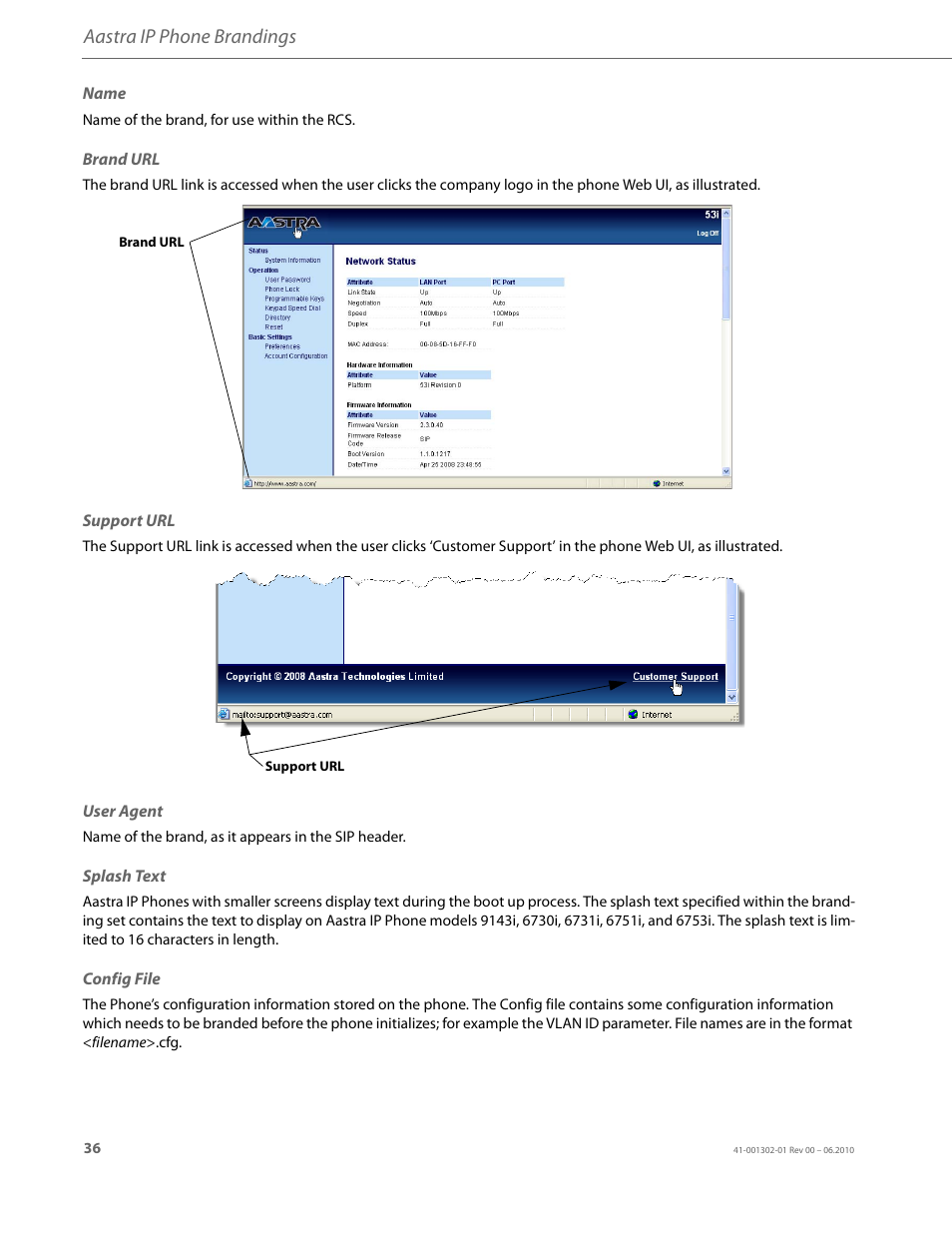 Name, Brand url, Support url | User agent, Splash text, Config file, Aastra ip phone brandings | AASTRA Re-direction Services (RCS) User Guide EN User Manual | Page 40 / 61