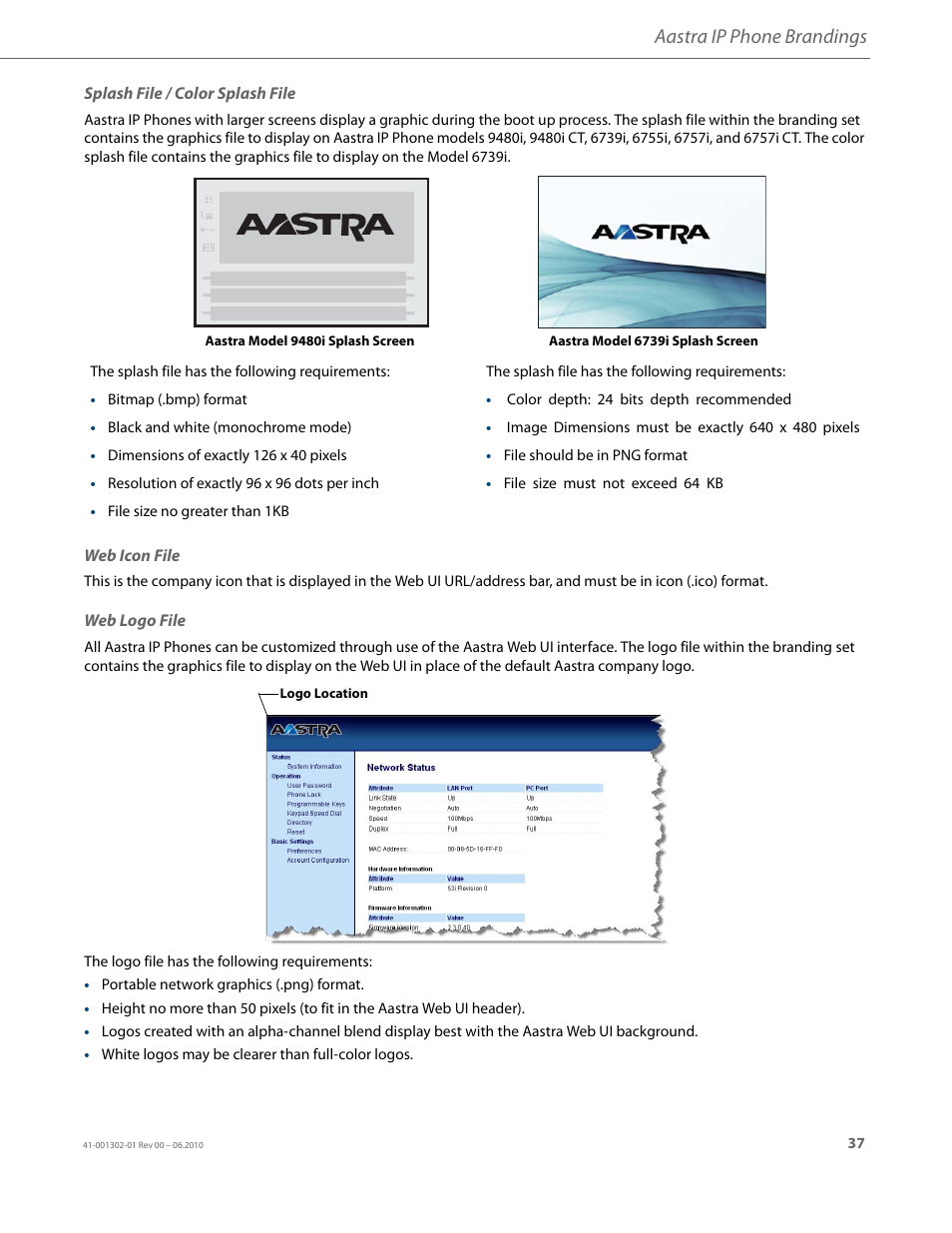 Splash file / color splash file, Web icon file, Web logo file | Aastra ip phone brandings | AASTRA Re-direction Services (RCS) User Guide EN User Manual | Page 41 / 61
