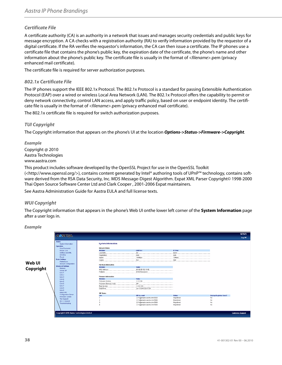 Certificate file, 1x certificate file, Tui copyright | Wui copyright, Certificate file 802.1x certificate file, Aastra ip phone brandings | AASTRA Re-direction Services (RCS) User Guide EN User Manual | Page 42 / 61