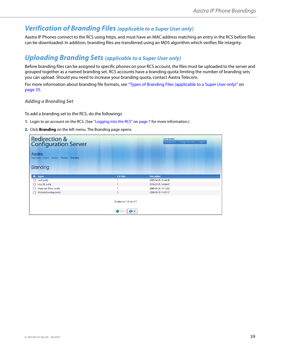 Adding a branding set, Verification of branding files, Uploading branding sets | Aastra ip phone brandings | AASTRA Re-direction Services (RCS) User Guide EN User Manual | Page 43 / 61