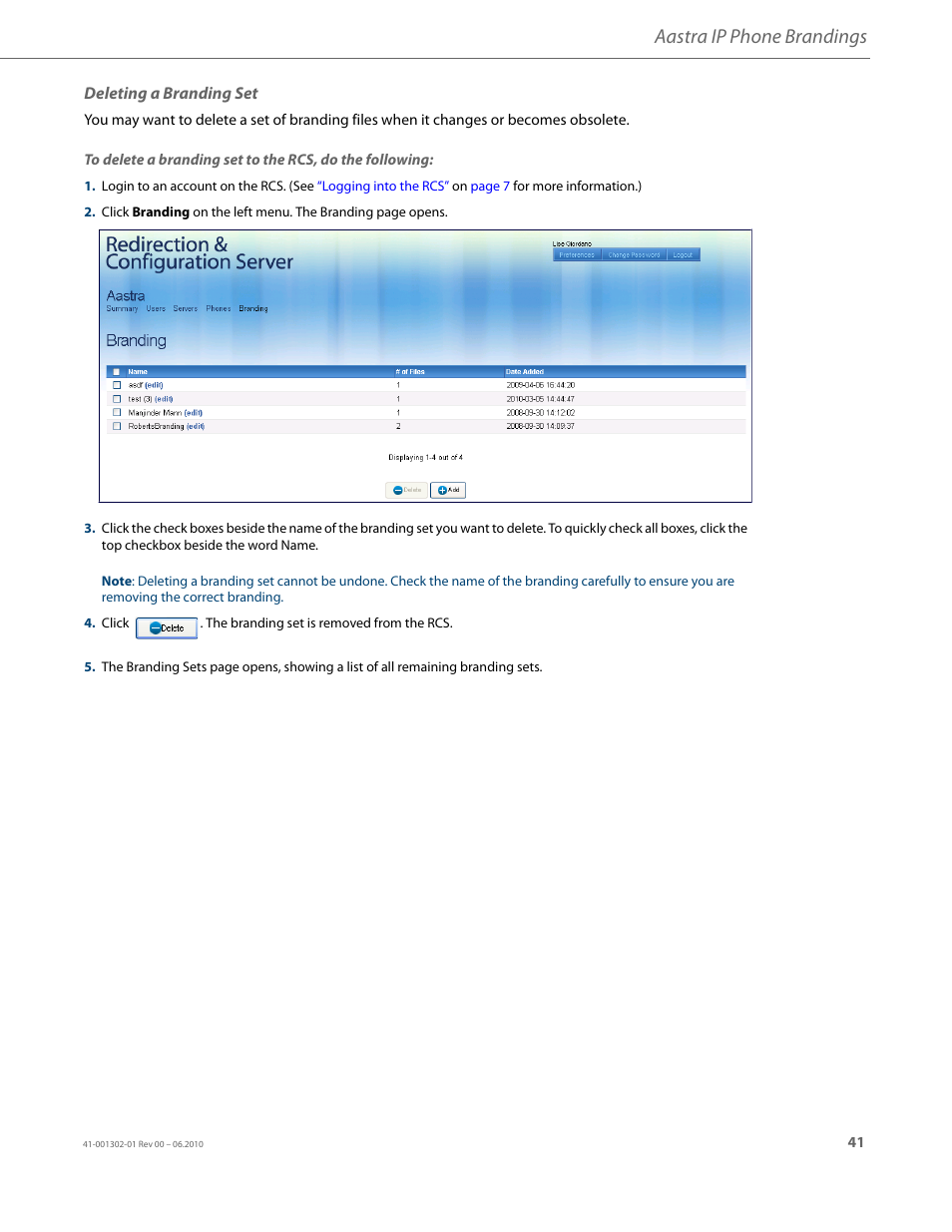 Deleting a branding set, Aastra ip phone brandings | AASTRA Re-direction Services (RCS) User Guide EN User Manual | Page 45 / 61
