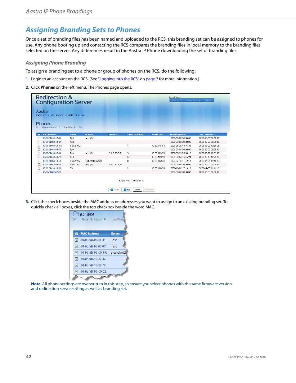 Assigning branding sets to phones, Assigning phone branding, Aastra ip phone brandings | AASTRA Re-direction Services (RCS) User Guide EN User Manual | Page 46 / 61