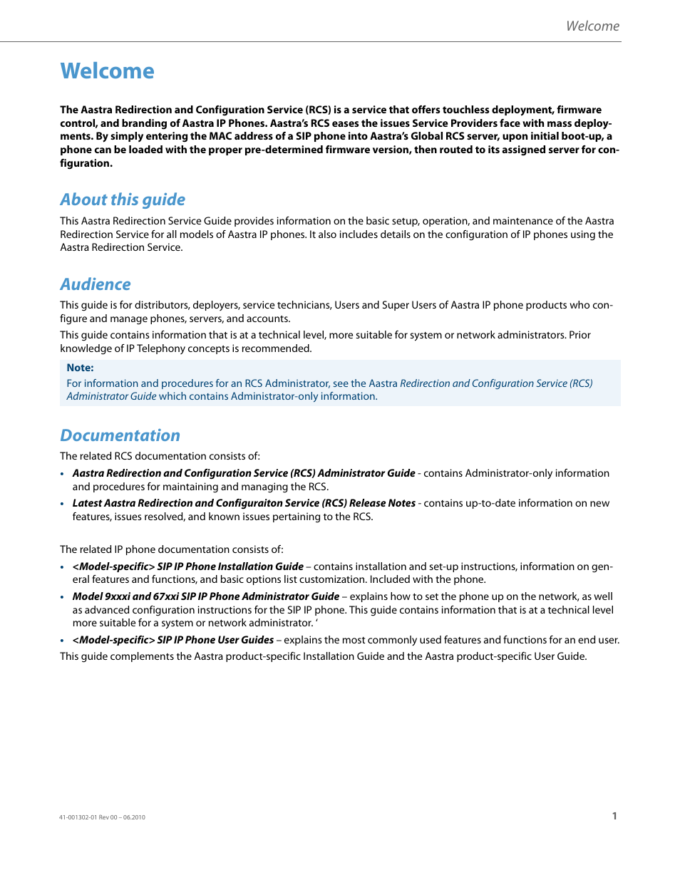 Welcome, About this guide, Audience | Documentation | AASTRA Re-direction Services (RCS) User Guide EN User Manual | Page 5 / 61