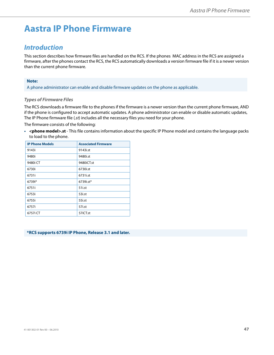 Aastra ip phone firmware, Introduction, Types of firmware files | Aastra ip phone firmware” o | AASTRA Re-direction Services (RCS) User Guide EN User Manual | Page 51 / 61