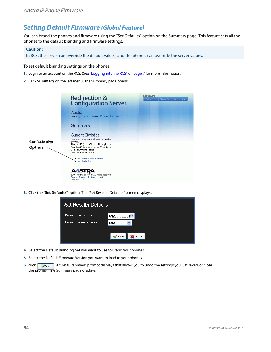 Setting default firmware (global feature), Setting default firmware, Global feature) | Aastra ip phone firmware | AASTRA Re-direction Services (RCS) User Guide EN User Manual | Page 58 / 61