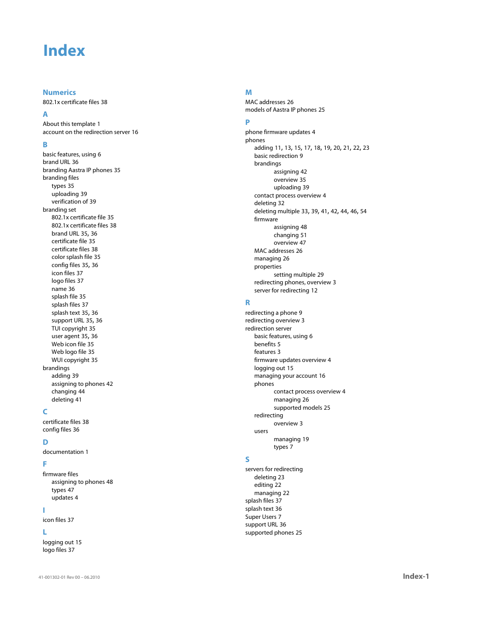 Index | AASTRA Re-direction Services (RCS) User Guide EN User Manual | Page 59 / 61