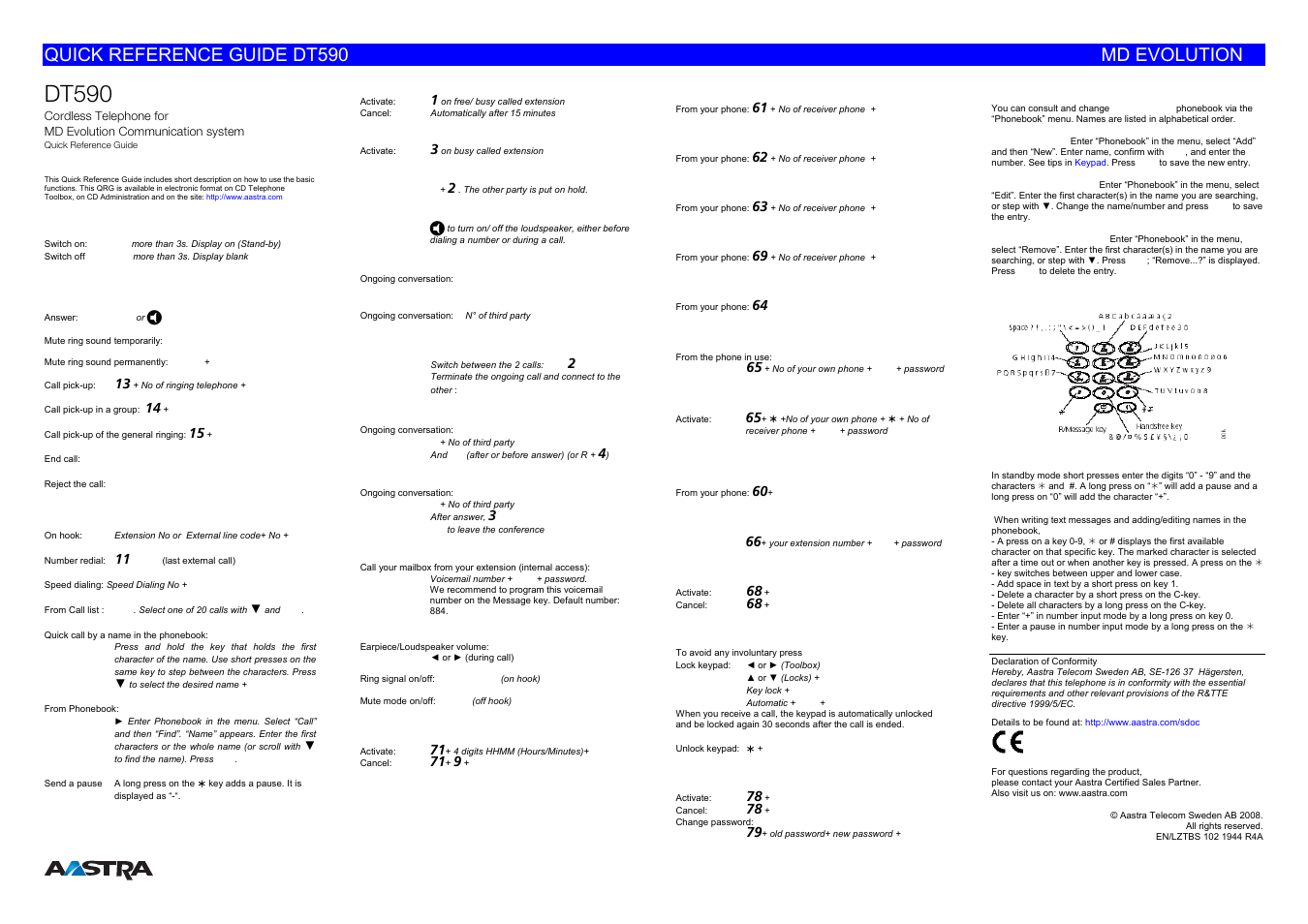 AASTRA DT590 for MD Evolution Quick Reference Guide EN User Manual | 2 pages