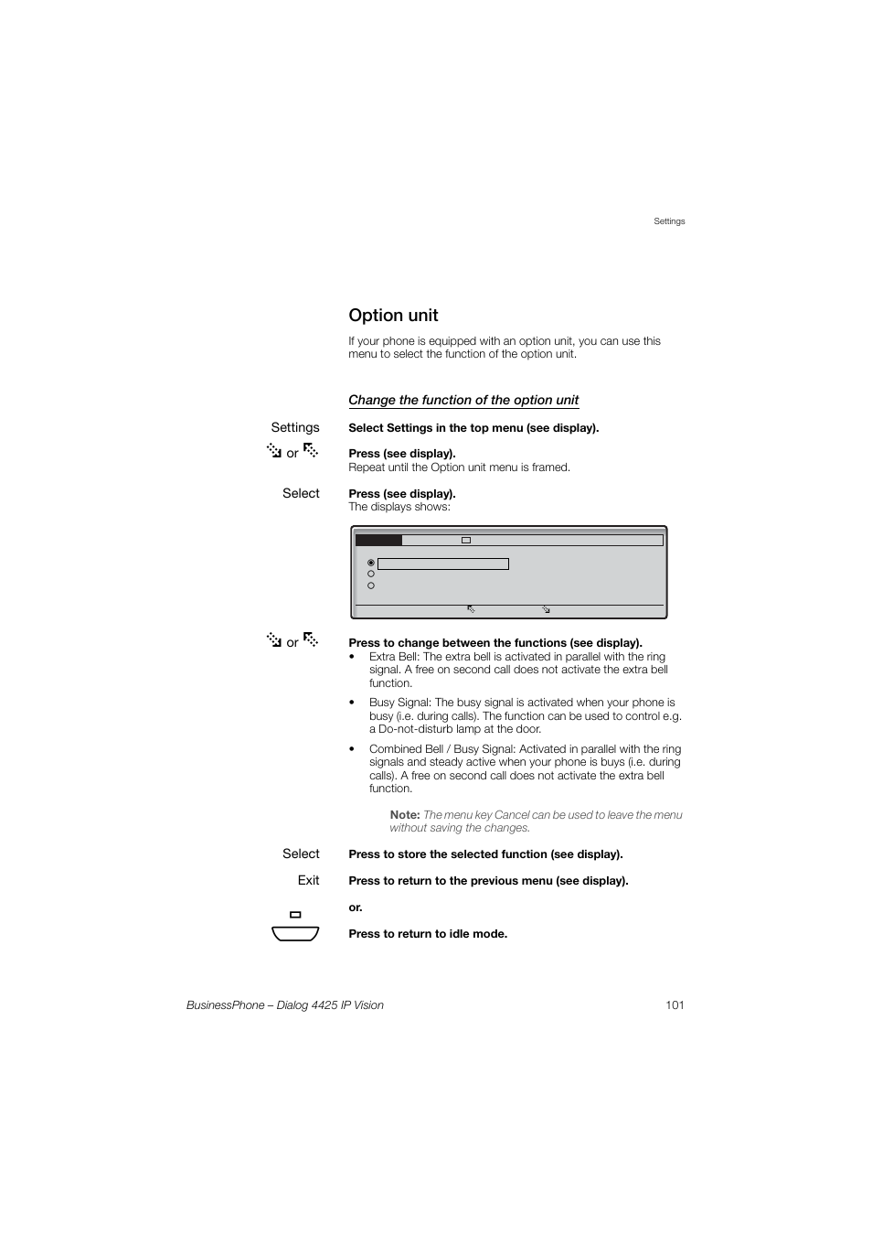 Option unit, Change the function of the option unit | AASTRA 4425 IP Vision for BusinessPhone User Guide User Manual | Page 101 / 153