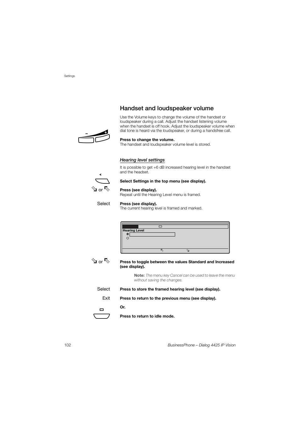 Handset and loudspeaker volume, Hearing level settings, Handset | And loudspeaker volume | AASTRA 4425 IP Vision for BusinessPhone User Guide User Manual | Page 102 / 153