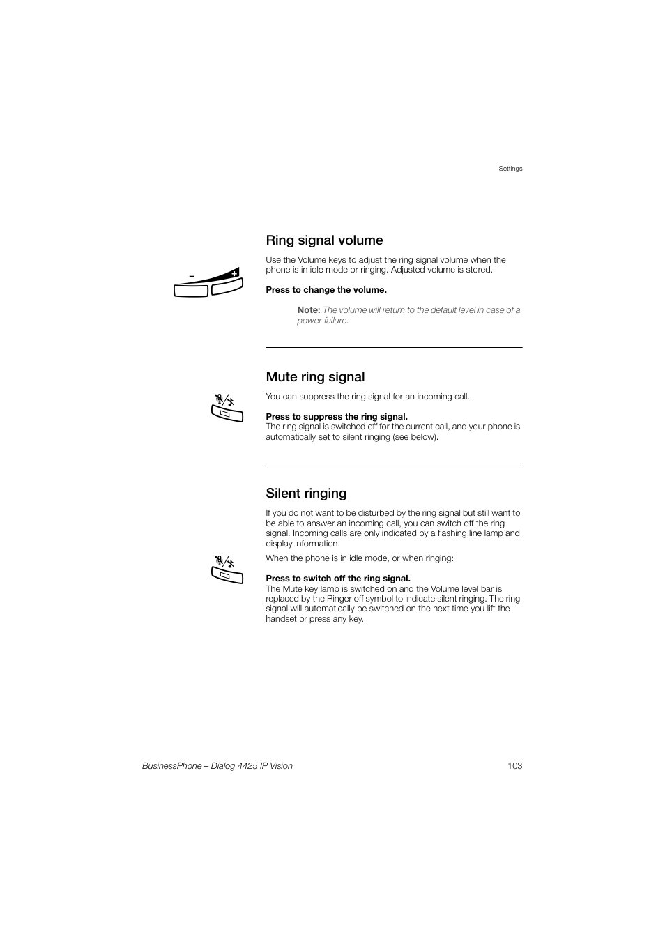 Ring signal volume, Mute ring signal, Silent ringing | AASTRA 4425 IP Vision for BusinessPhone User Guide User Manual | Page 103 / 153