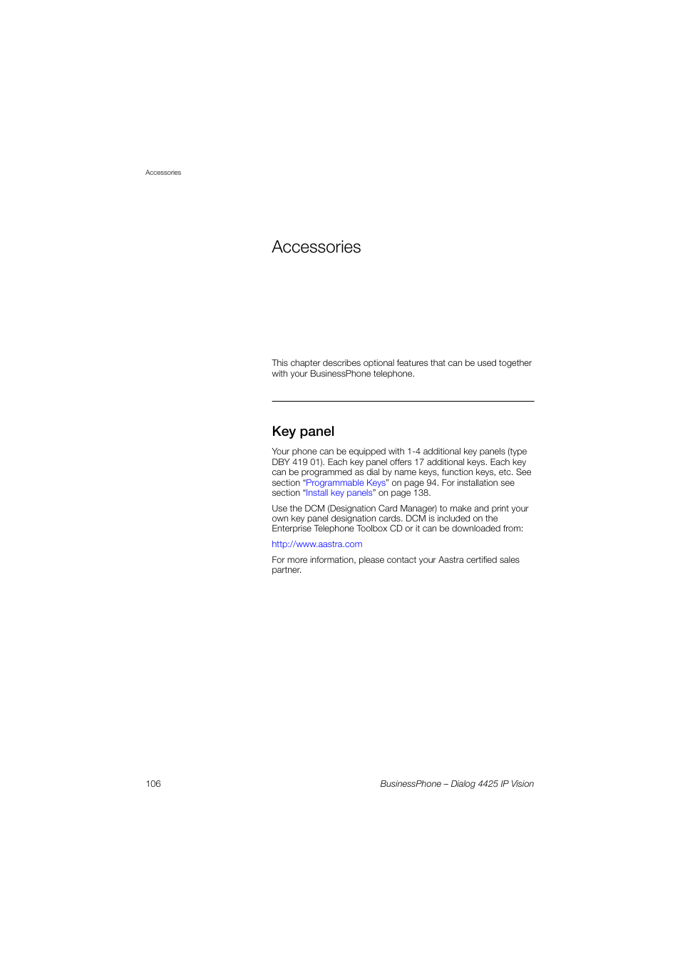 Accessories, Key panel | AASTRA 4425 IP Vision for BusinessPhone User Guide User Manual | Page 106 / 153