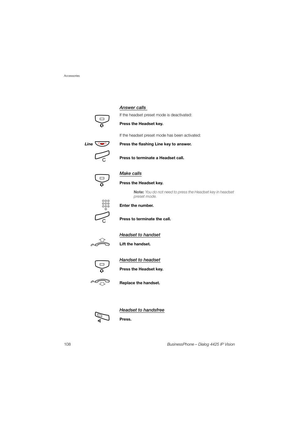 Answer calls, Make calls, Headset to handset | Handset to headset, Headset to handsfree | AASTRA 4425 IP Vision for BusinessPhone User Guide User Manual | Page 108 / 153