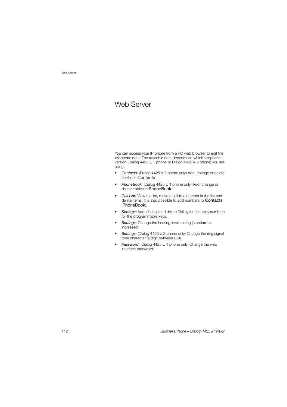 Web server, Ction | AASTRA 4425 IP Vision for BusinessPhone User Guide User Manual | Page 112 / 153