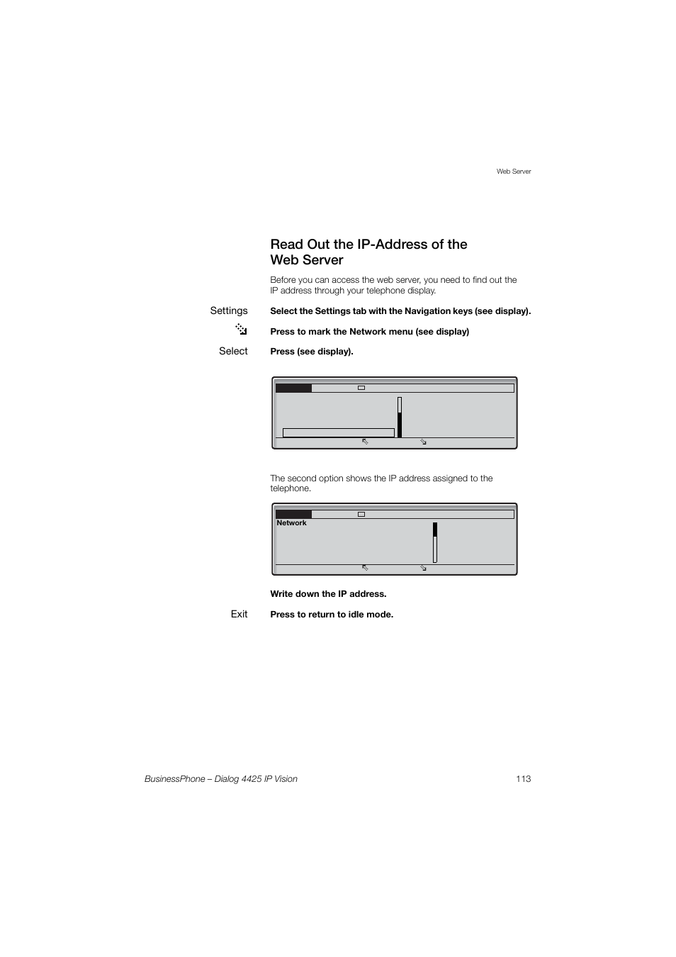 Read out the ip-address of the webserver, Read out the ip-address of the web server | AASTRA 4425 IP Vision for BusinessPhone User Guide User Manual | Page 113 / 153