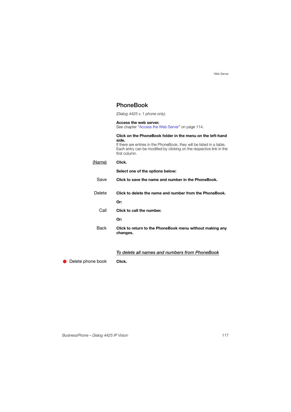 Phonebook, To delete all names and numbers from phonebook | AASTRA 4425 IP Vision for BusinessPhone User Guide User Manual | Page 117 / 153