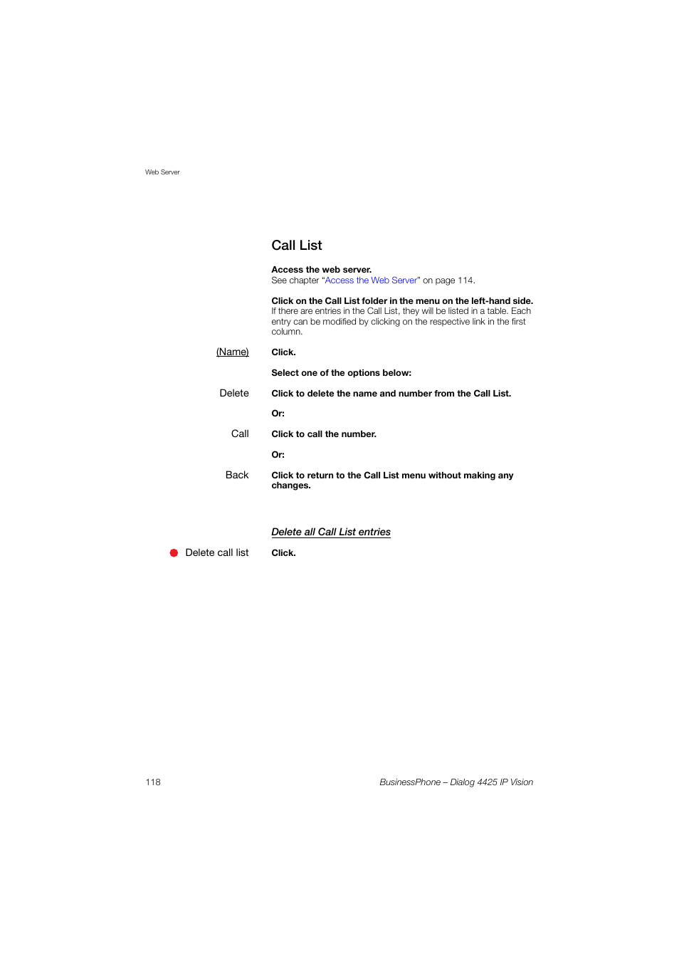 Call list, Delete all call list entries | AASTRA 4425 IP Vision for BusinessPhone User Guide User Manual | Page 118 / 153
