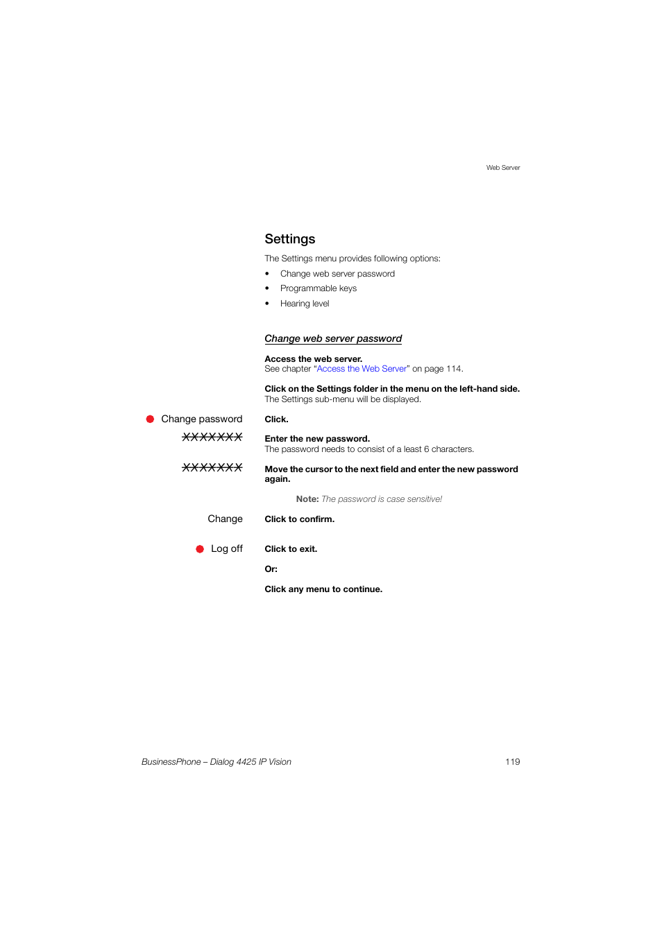 Settings, Change web server password | AASTRA 4425 IP Vision for BusinessPhone User Guide User Manual | Page 119 / 153