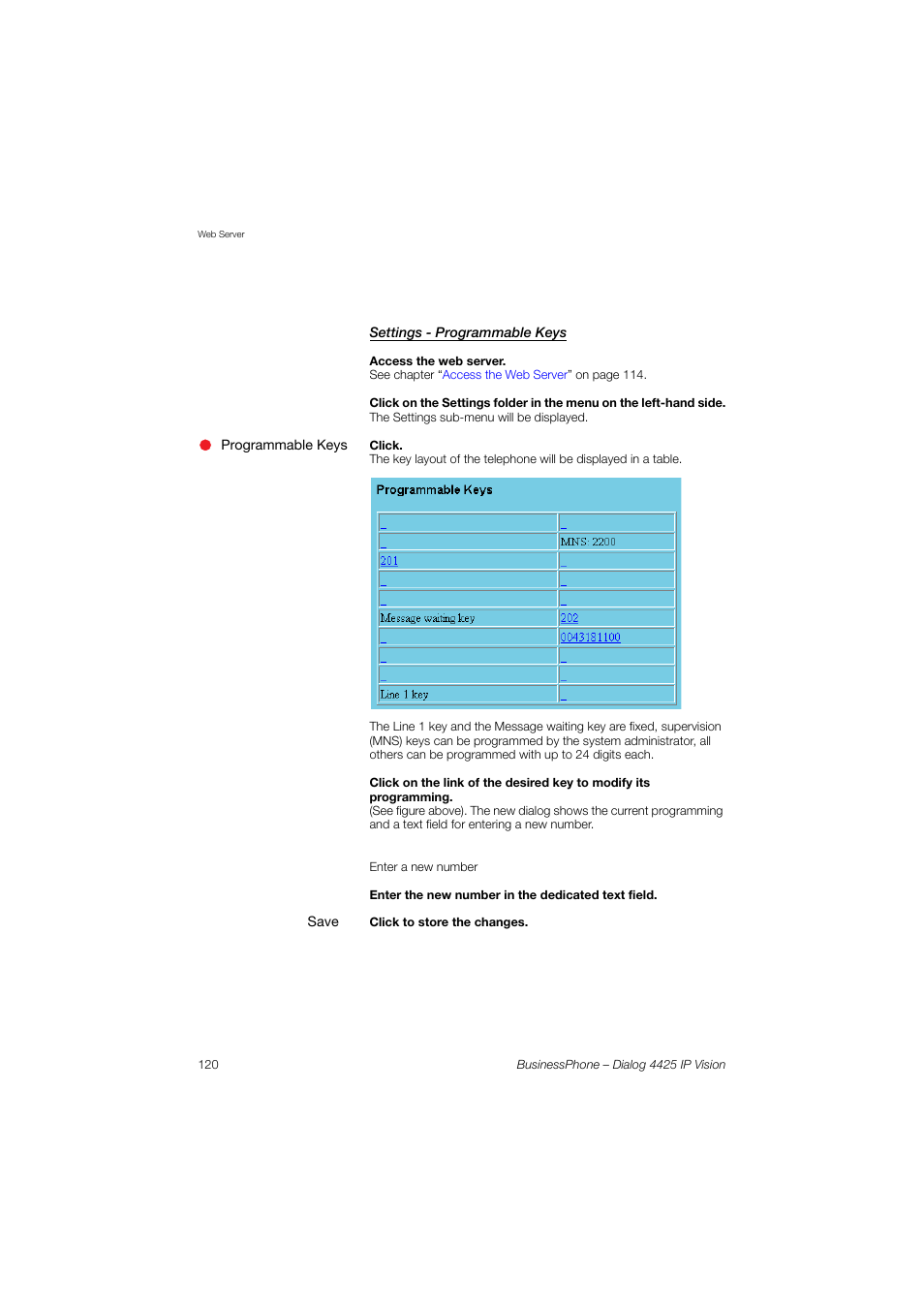 Settings - programmable keys | AASTRA 4425 IP Vision for BusinessPhone User Guide User Manual | Page 120 / 153