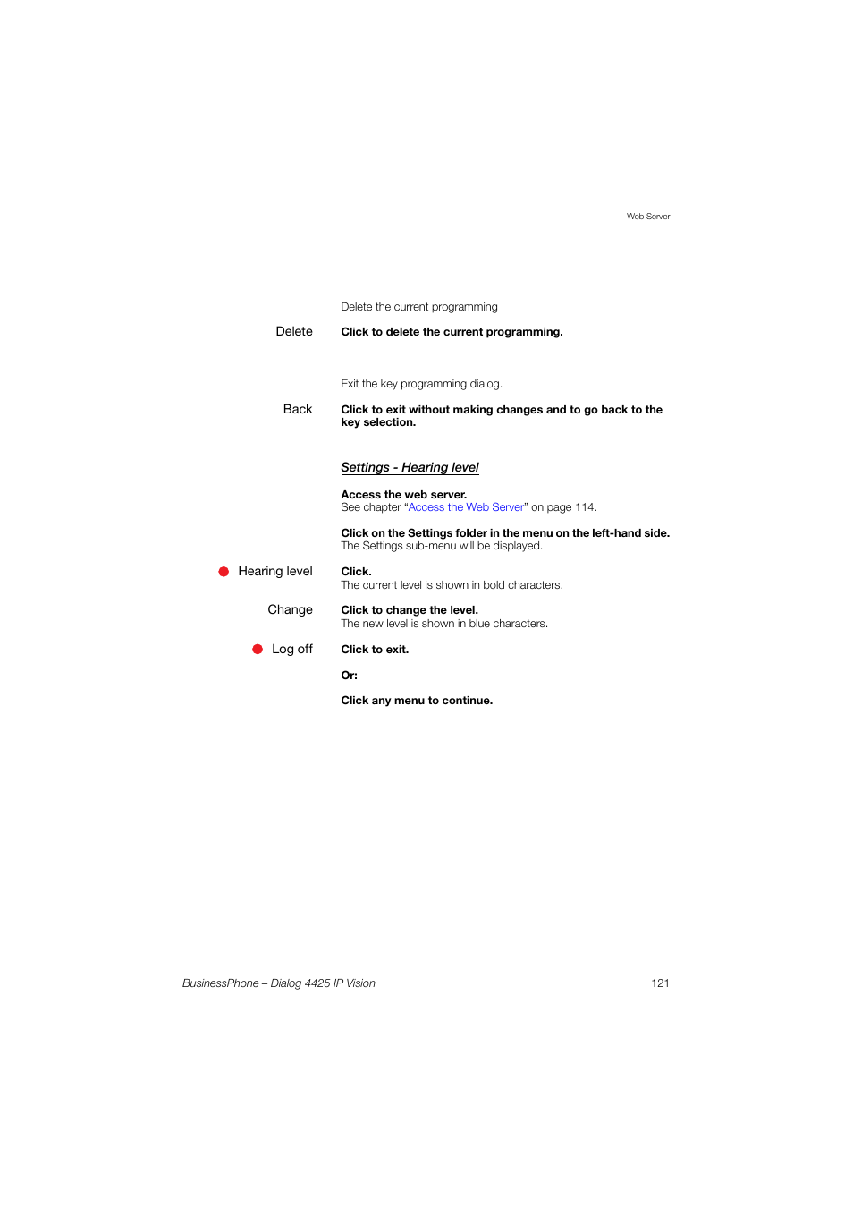 Settings - hearing level | AASTRA 4425 IP Vision for BusinessPhone User Guide User Manual | Page 121 / 153