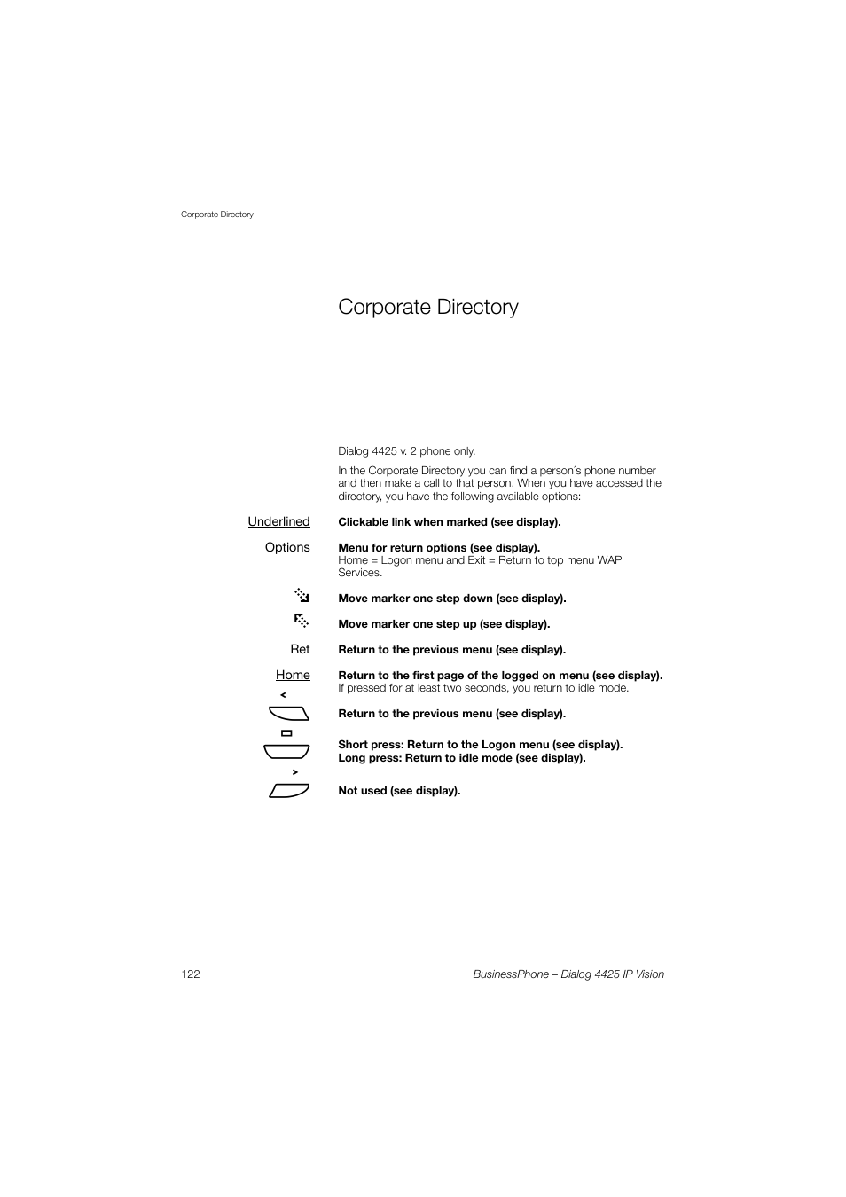 Corporate directory, Corporate, Directory | AASTRA 4425 IP Vision for BusinessPhone User Guide User Manual | Page 122 / 153