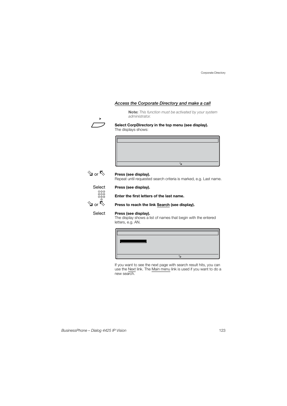 Access the corporate directory and make a call | AASTRA 4425 IP Vision for BusinessPhone User Guide User Manual | Page 123 / 153
