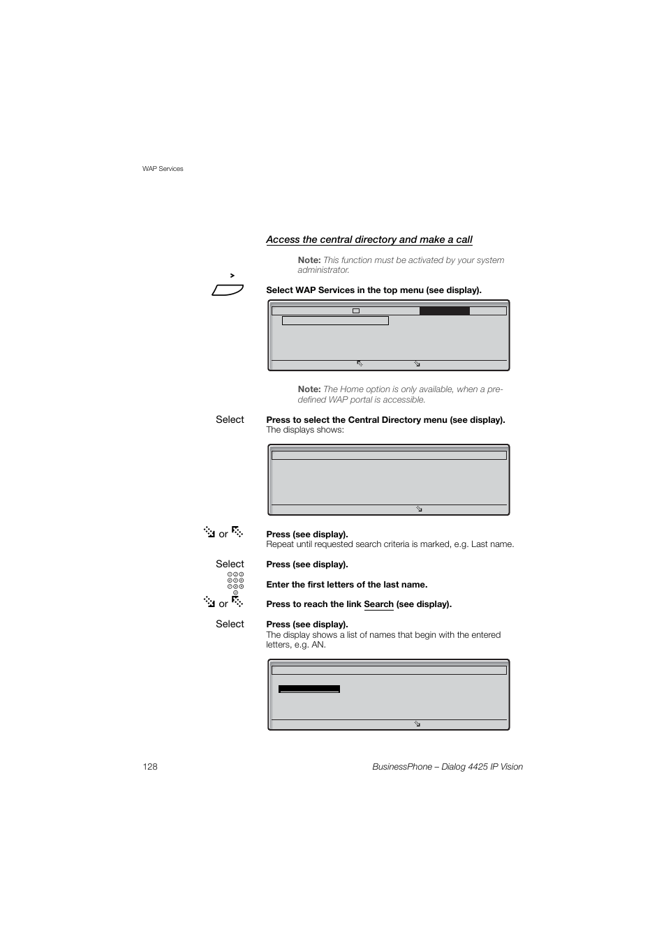 Access the central directory and make a call | AASTRA 4425 IP Vision for BusinessPhone User Guide User Manual | Page 128 / 153