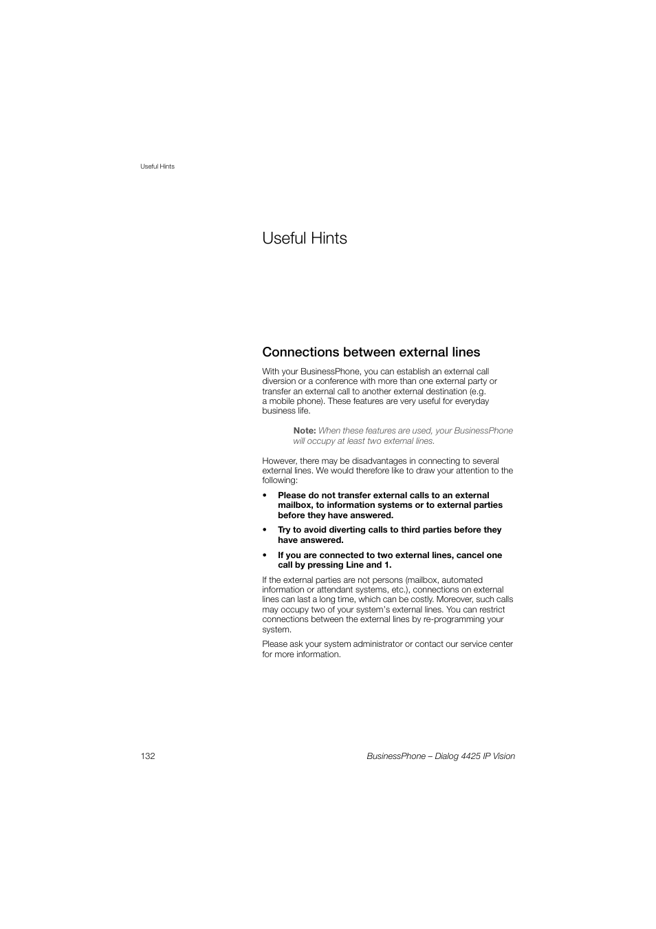Useful hints, Connections between external lines | AASTRA 4425 IP Vision for BusinessPhone User Guide User Manual | Page 132 / 153