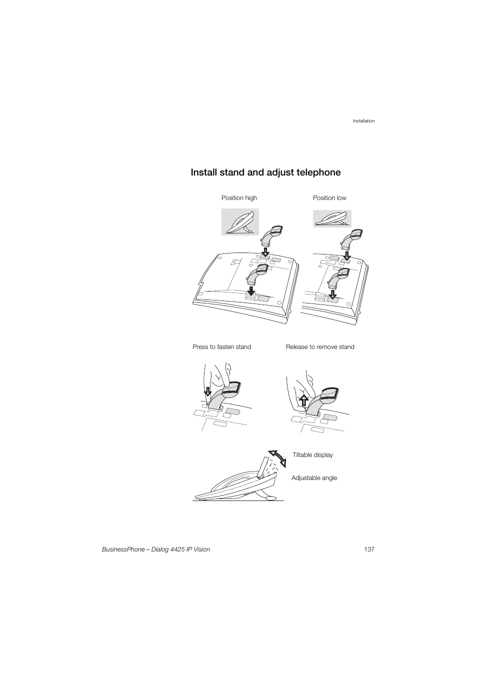 Install stand and adjust telephone | AASTRA 4425 IP Vision for BusinessPhone User Guide User Manual | Page 137 / 153