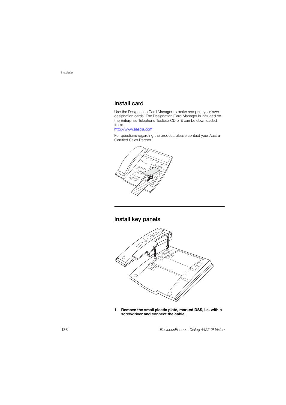 Install card, Install key panels | AASTRA 4425 IP Vision for BusinessPhone User Guide User Manual | Page 138 / 153