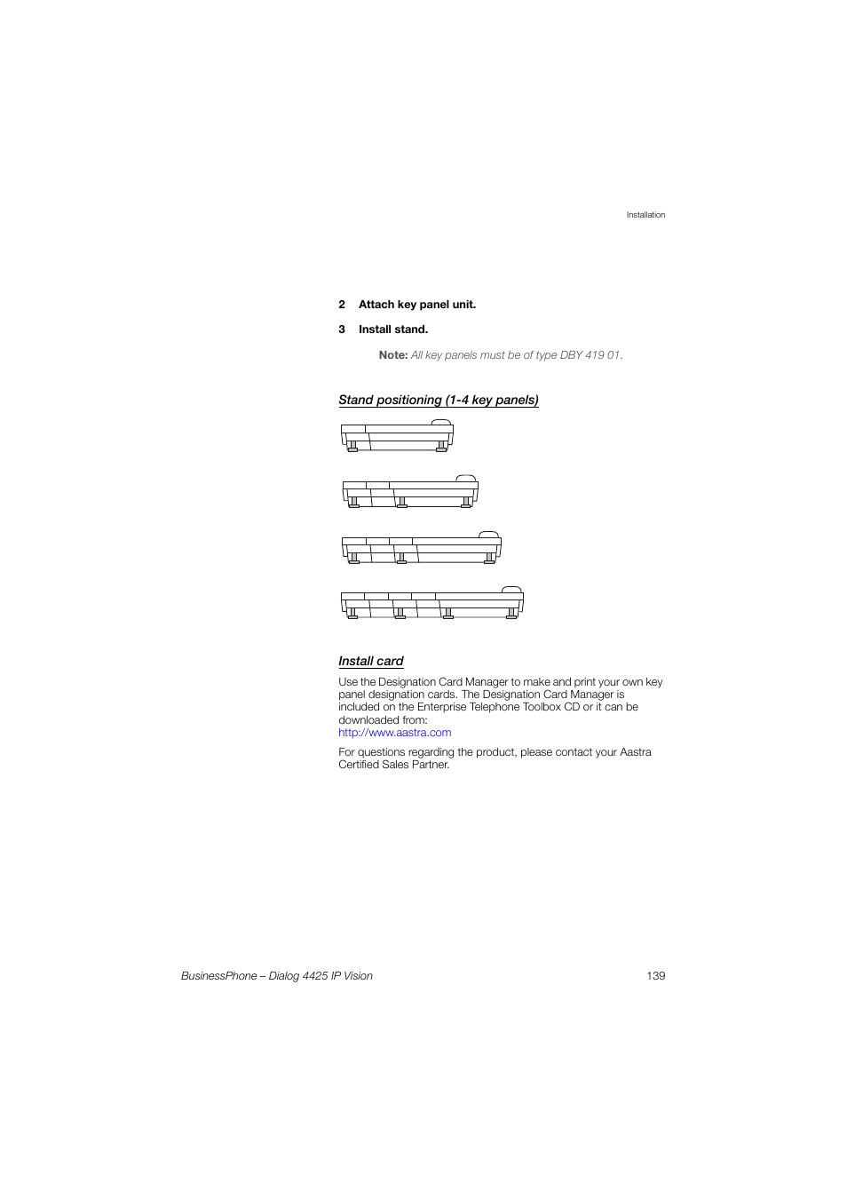 Stand positioning (1-4 key panels), Install card | AASTRA 4425 IP Vision for BusinessPhone User Guide User Manual | Page 139 / 153