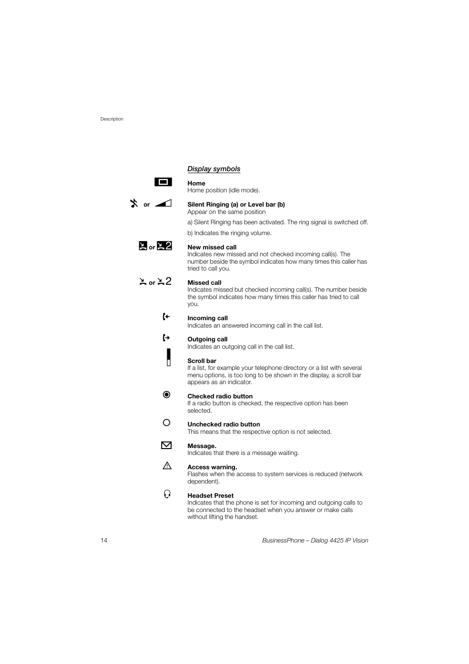 Display symbols | AASTRA 4425 IP Vision for BusinessPhone User Guide User Manual | Page 14 / 153