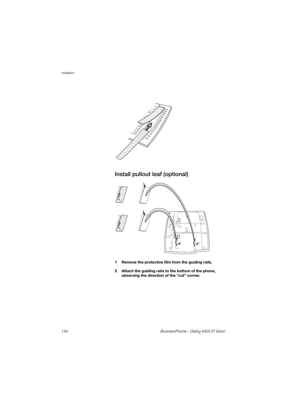 Install pullout leaf (optional), Install pullout leaf, Optional) | AASTRA 4425 IP Vision for BusinessPhone User Guide User Manual | Page 140 / 153