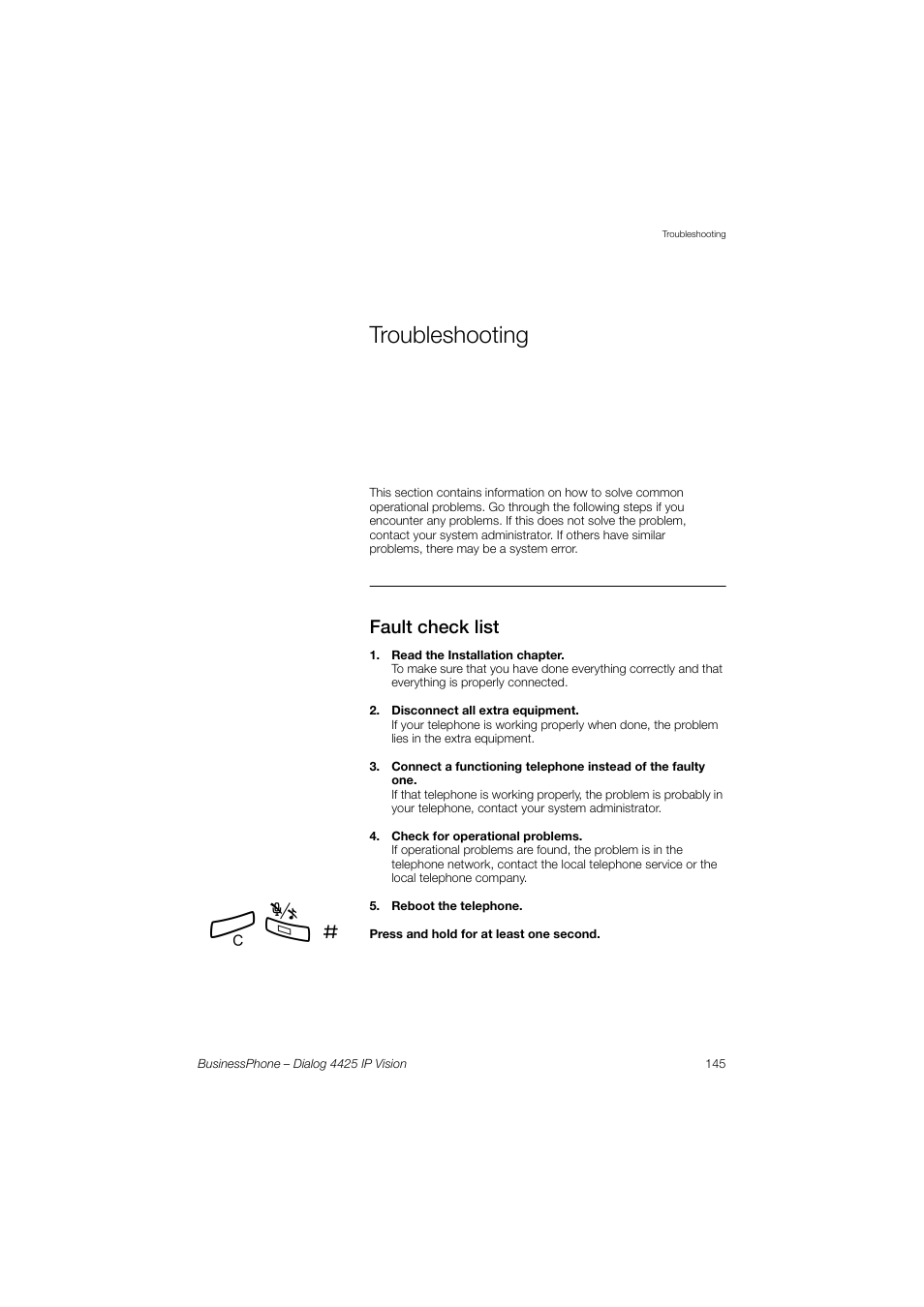 Troubleshooting, Fault check list | AASTRA 4425 IP Vision for BusinessPhone User Guide User Manual | Page 145 / 153