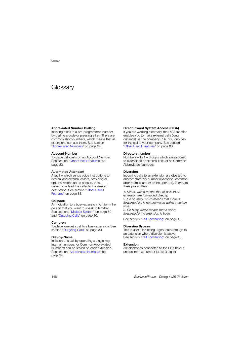 Glossary | AASTRA 4425 IP Vision for BusinessPhone User Guide User Manual | Page 146 / 153