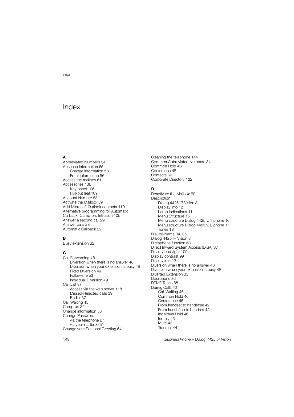 Index | AASTRA 4425 IP Vision for BusinessPhone User Guide User Manual | Page 148 / 153