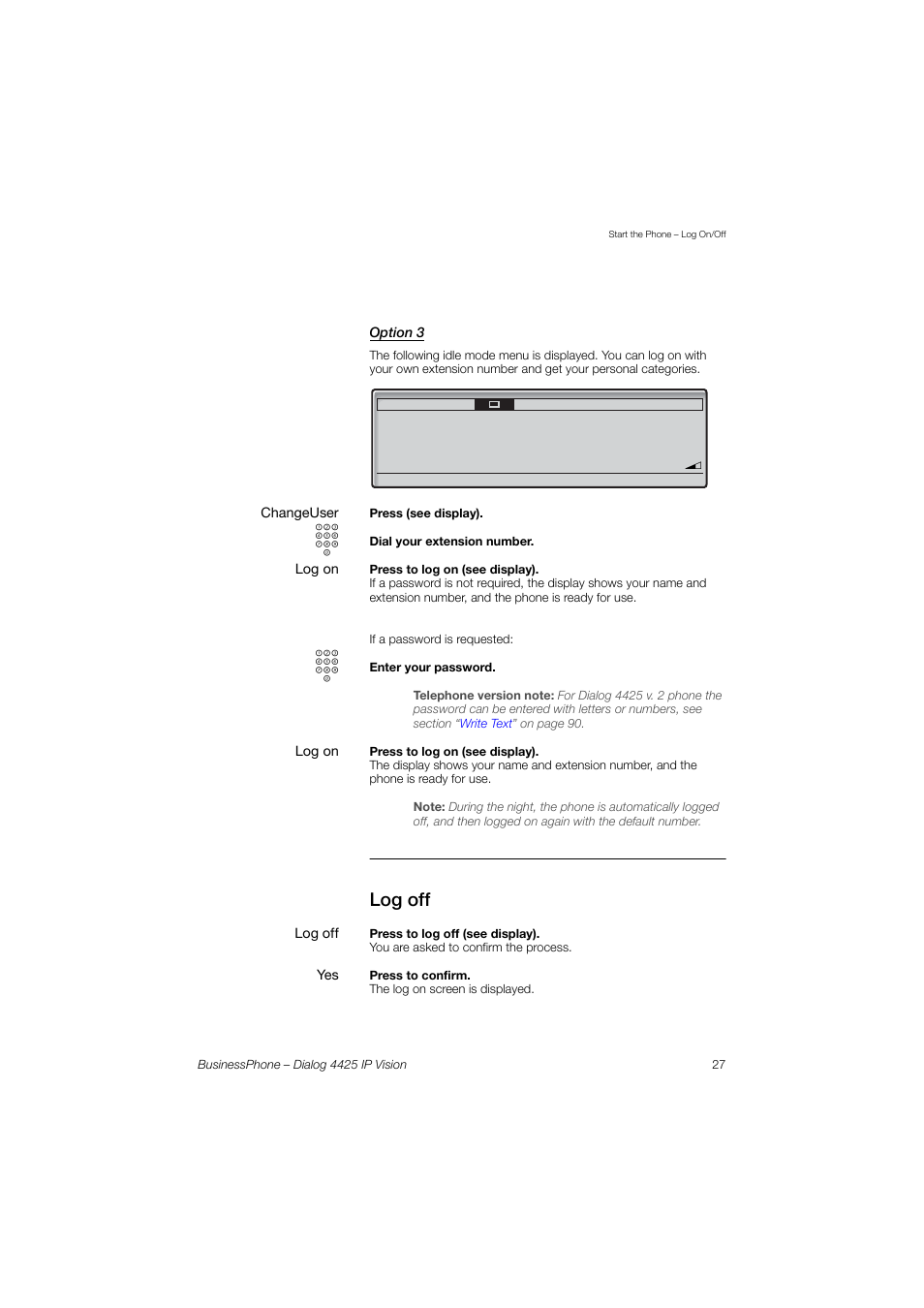 Option 3, Log off | AASTRA 4425 IP Vision for BusinessPhone User Guide User Manual | Page 27 / 153
