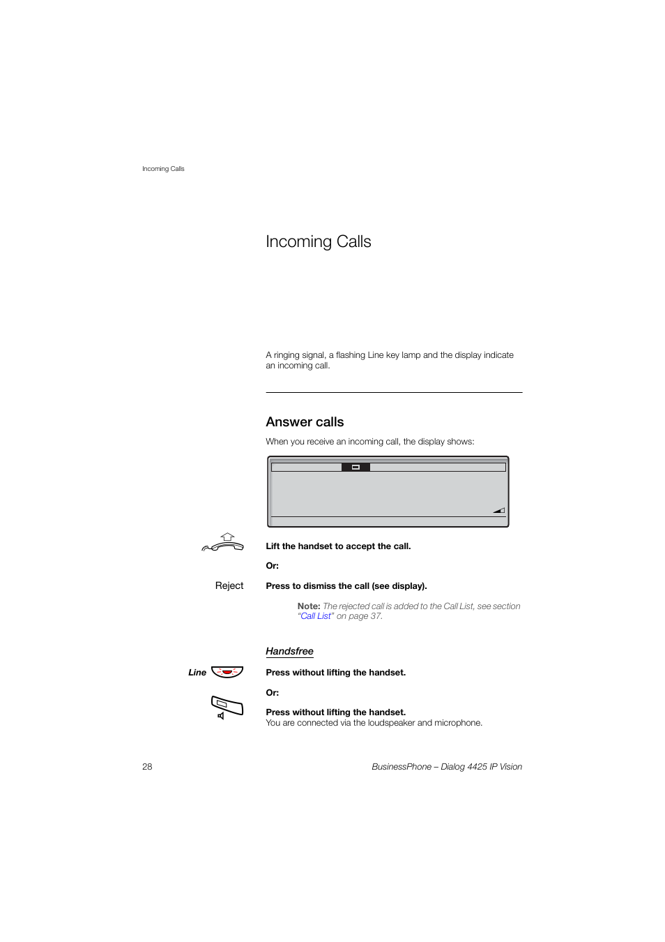 Incoming calls, Answer calls, Handsfree | AASTRA 4425 IP Vision for BusinessPhone User Guide User Manual | Page 28 / 153
