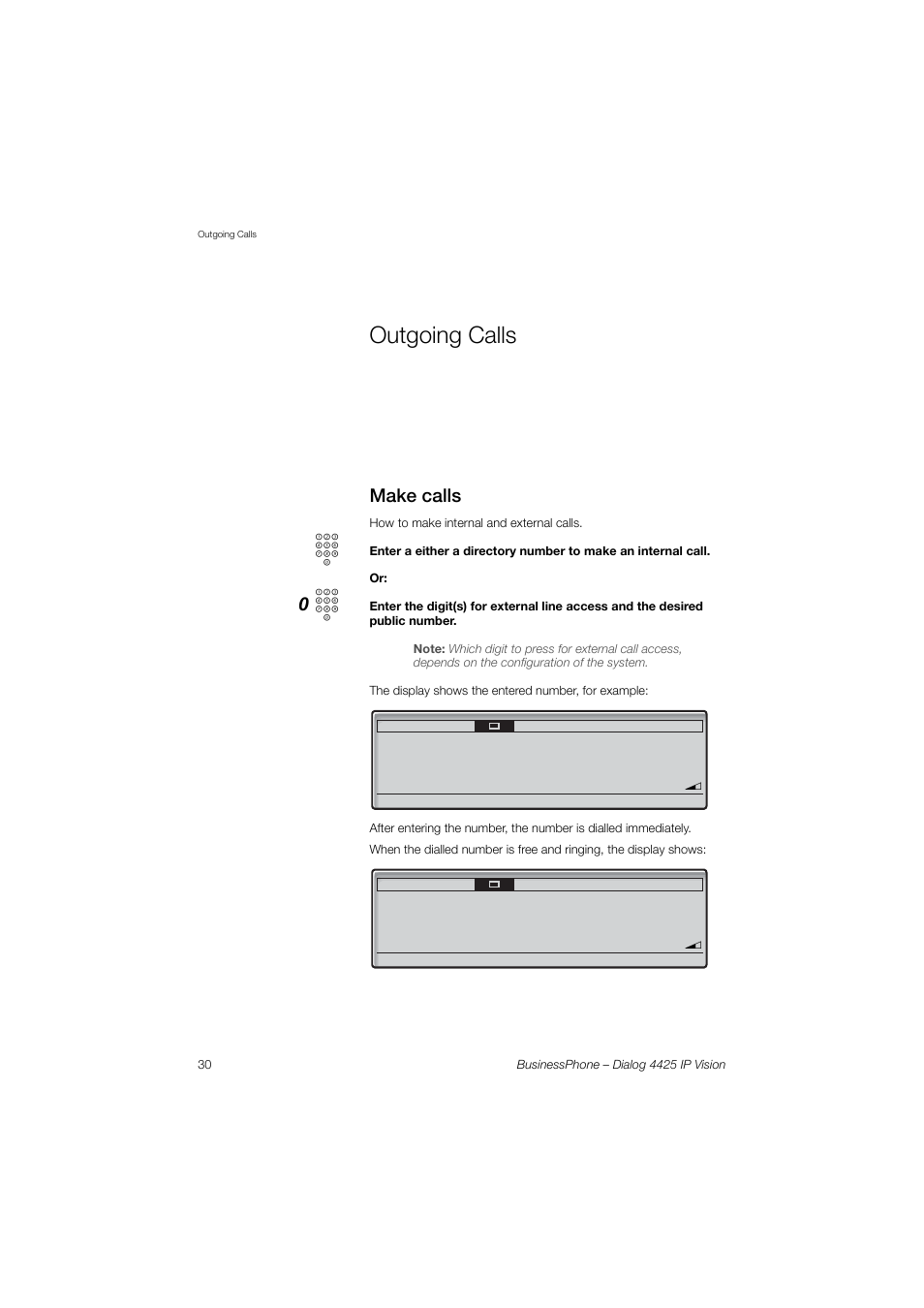 Outgoing calls, Make calls | AASTRA 4425 IP Vision for BusinessPhone User Guide User Manual | Page 30 / 153