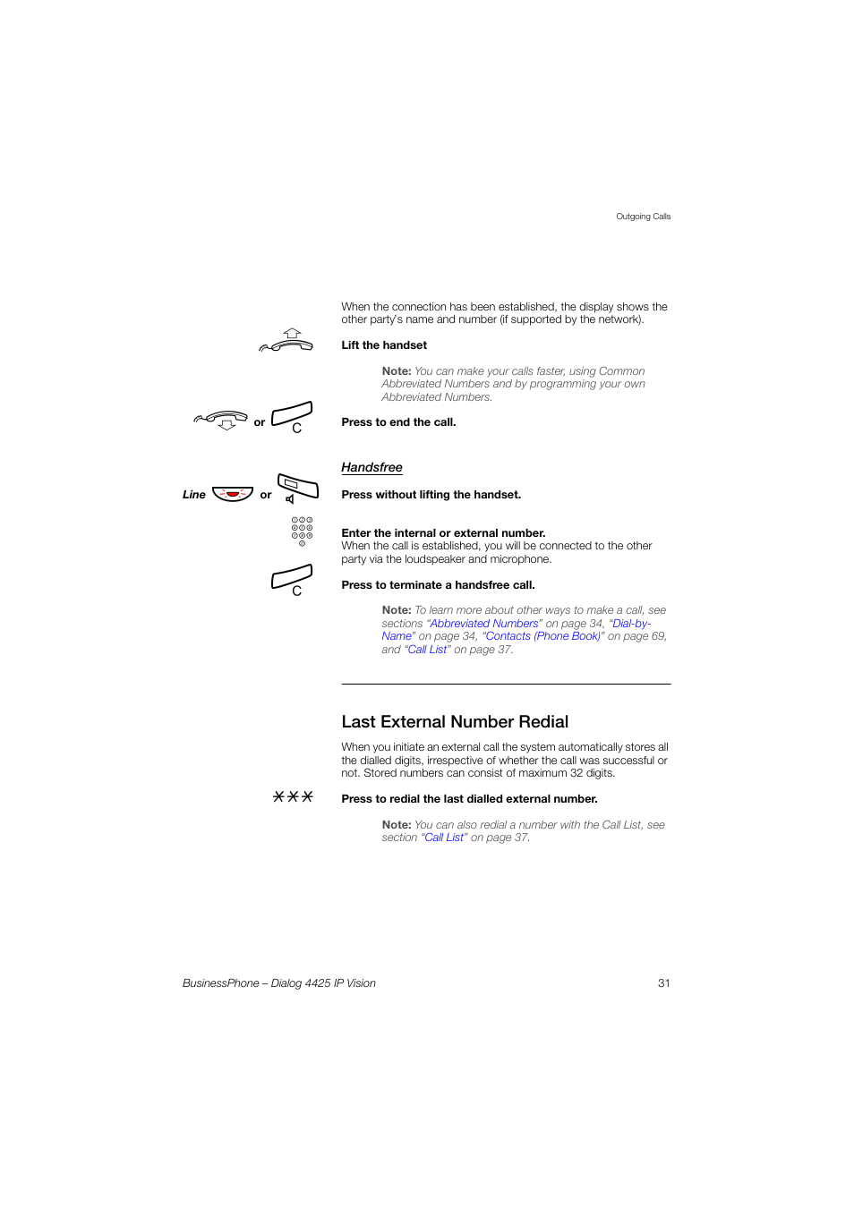 Handsfree, Last external number redial | AASTRA 4425 IP Vision for BusinessPhone User Guide User Manual | Page 31 / 153