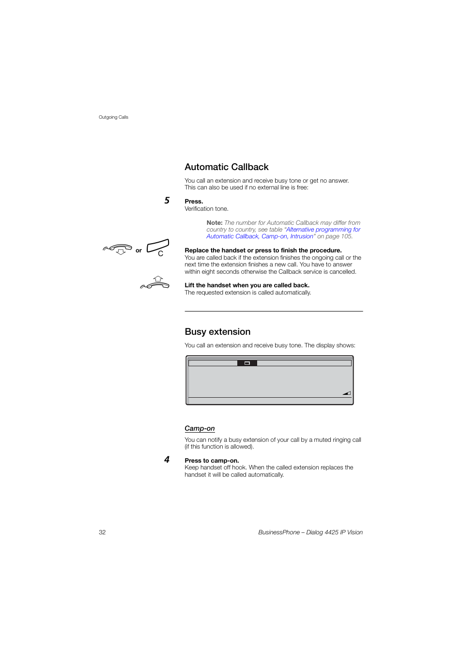 Automatic callback, Busy extension, Camp-on | AASTRA 4425 IP Vision for BusinessPhone User Guide User Manual | Page 32 / 153